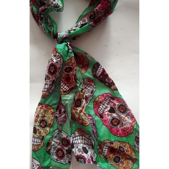 Halloween Scarf Sugar Skull Day Of The Dead  Blue Turquoise 11 x 60 In Colorful - Picture 2 of 4